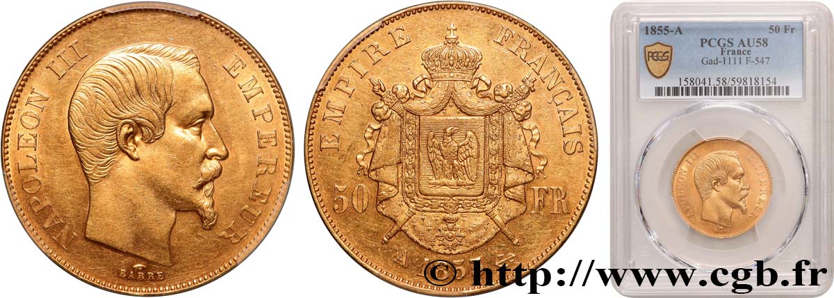 50 francs or Napoléon III, tête nue 1855 Paris F.547/1 SUP58 PCGS