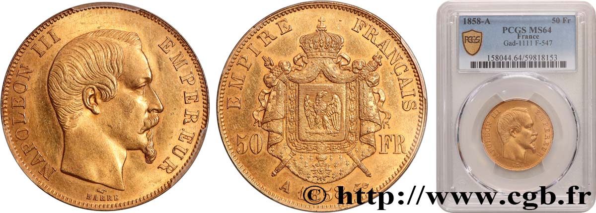 50 francs or Napoléon III, tête nue 1858 Paris F.547/5 SPL64 PCGS