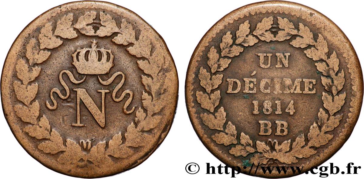 Un décime à l’N couronnée 1814 Strasbourg F.131/1 TB 