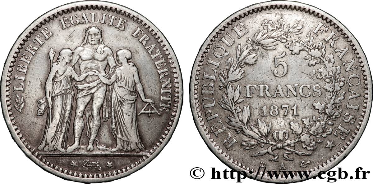 5 francs Hercule, dite “Camélinat” 1871 Paris F.334/3 VF 