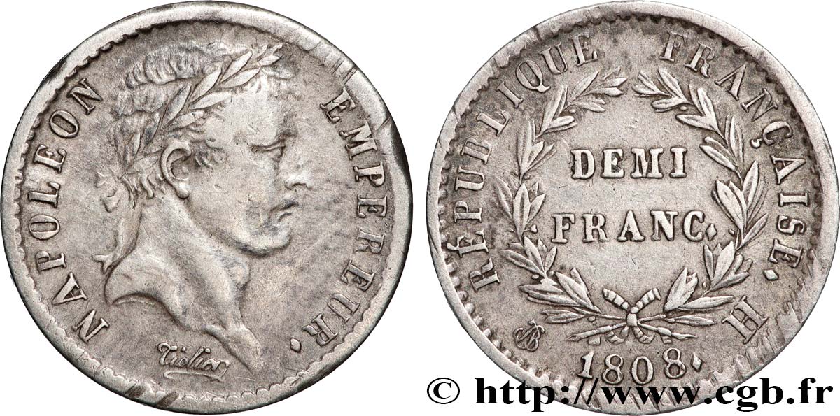 Demi-franc Napoléon Ier tête laurée, République française 1808 La Rochelle F.177/7 TTB 