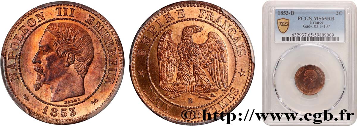 Deux centimes Napoléon III, tête nue 1853 Rouen F.107/2 MS65 PCGS