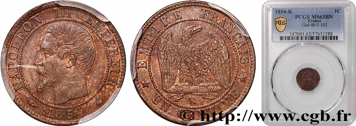 Un centime Napoléon III, tête nue 1854 Bordeaux F.102/13 SPL63 PCGS