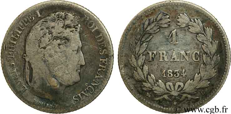 1 franc Louis-Philippe, couronne de chêne 1834 Rouen F.210/28 S15 