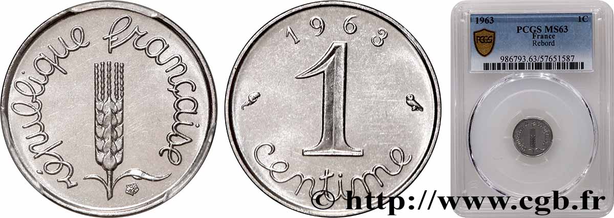1 centime Épi, avec rebord 1963 Paris F.106/7 SPL63 PCGS