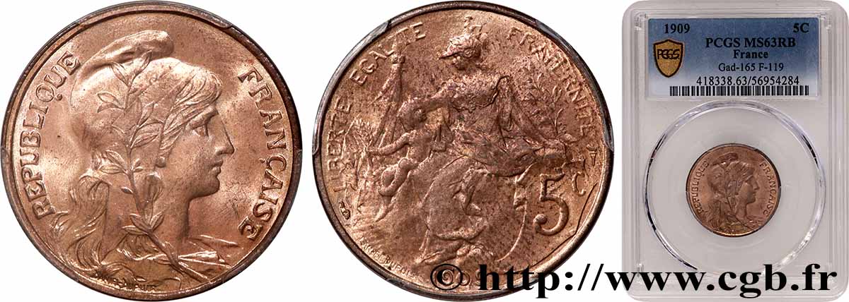 5 centimes Daniel-Dupuis 1909  F.119/20 MS63 PCGS