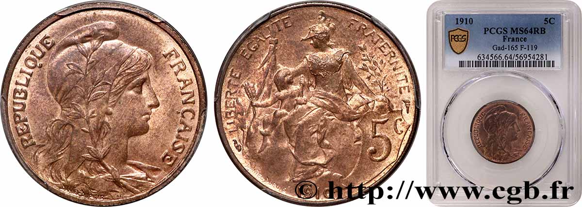 5 centimes Daniel-Dupuis 1910  F.119/22 SPL64 PCGS