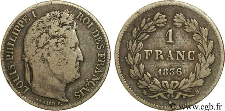 1 franc Louis-Philippe, couronne de chêne 1836 Rouen F.210/51 TB30 