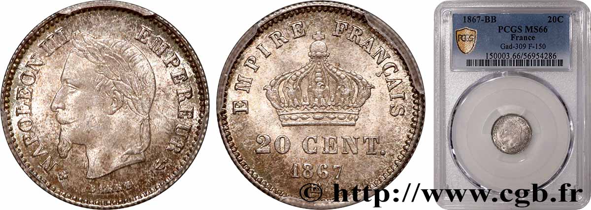 20 centimes Napoléon III, tête laurée, grand module 1867 Strasbourg F.150/2 MS66 PCGS