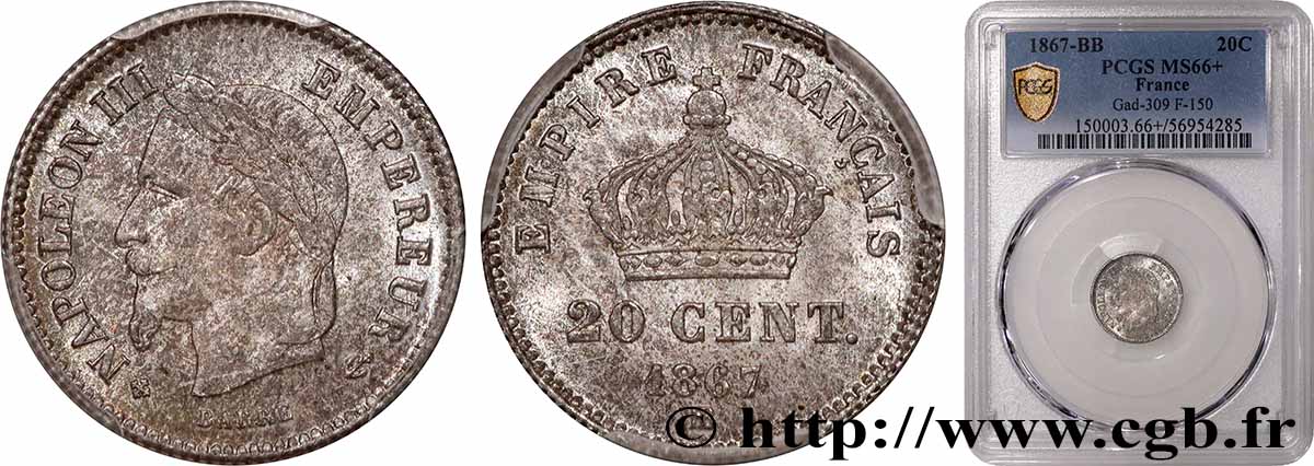 20 centimes Napoléon III, tête laurée, grand module 1867 Strasbourg F.150/2 FDC66 PCGS