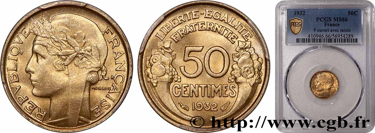 50 centimes Morlon, avec raisin, 9 et 2 ouverts 1932  F.192/7 FDC66 PCGS