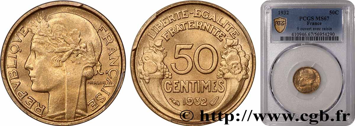 50 centimes Morlon, avec raisin, 9 et 2 ouverts 1932  F.192/7 FDC67 PCGS