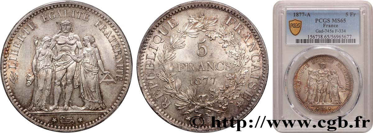 5 francs Hercule 1877 Paris F.334/19 ST65 PCGS