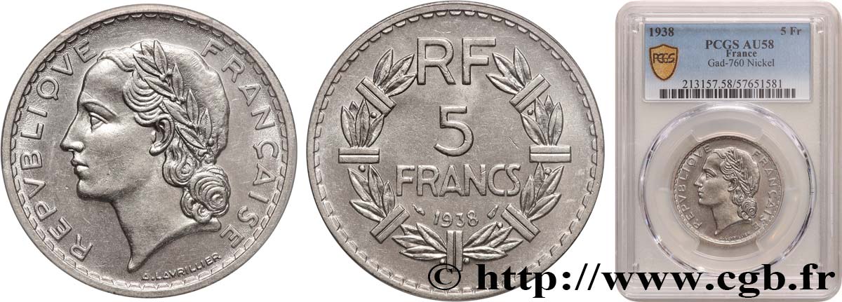 5 francs Lavrillier, nickel 1938  F.336/7 VZ58 PCGS