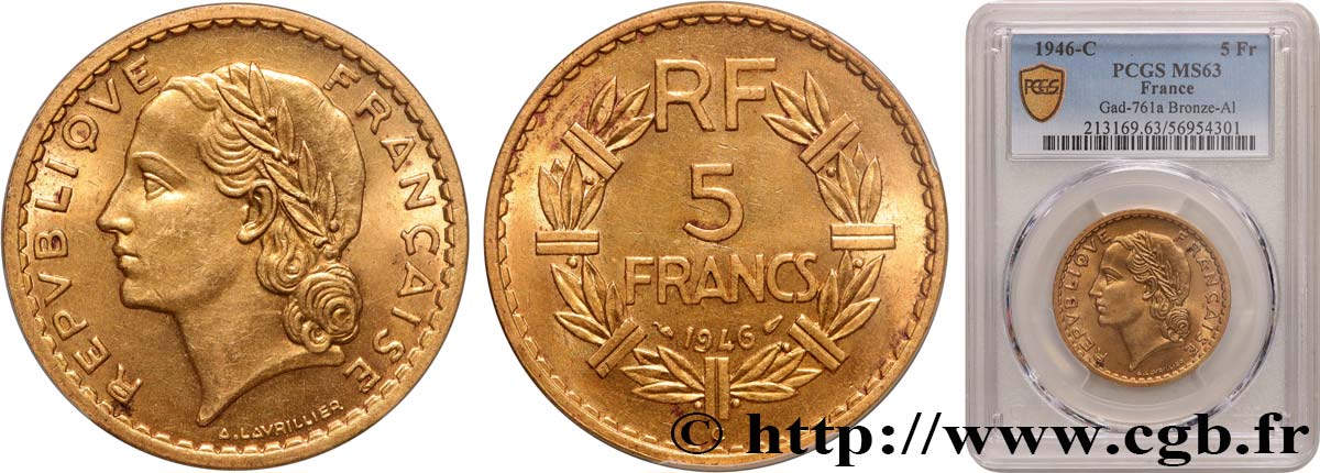 5 francs Lavrillier, bronze-aluminium 1946 Castelsarrasin F.337/8 SPL63 PCGS