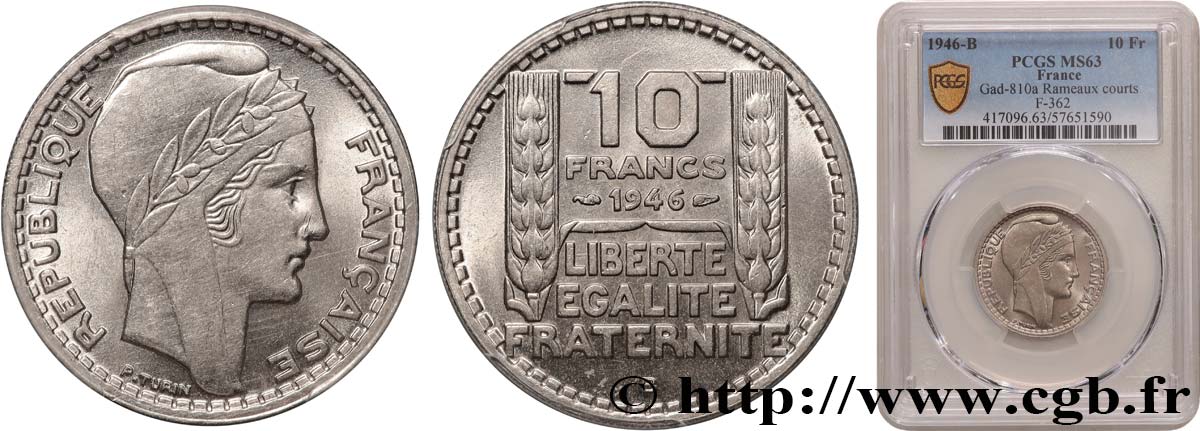10 francs Turin, grosse tête, rameaux courts 1946 Beaumont-Le-Roger F.361A/3 MS63 PCGS