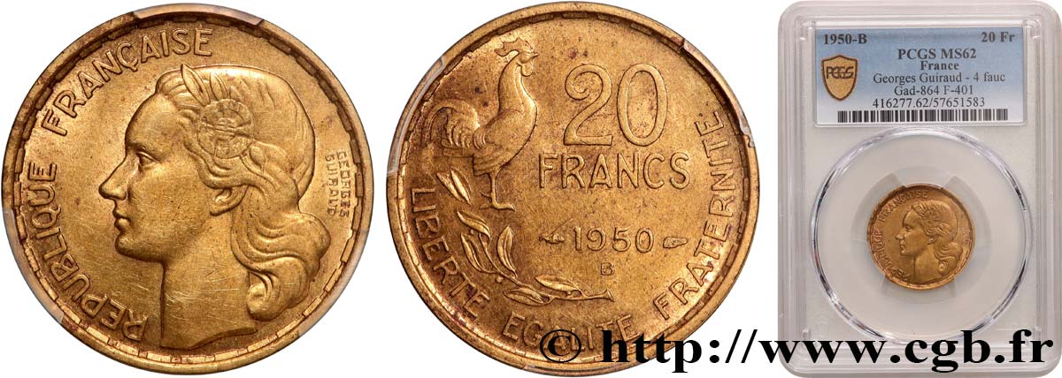 20 francs Georges Guiraud, 4 faucilles 1950 Beaumont-Le-Roger F.401/3 MS62 PCGS