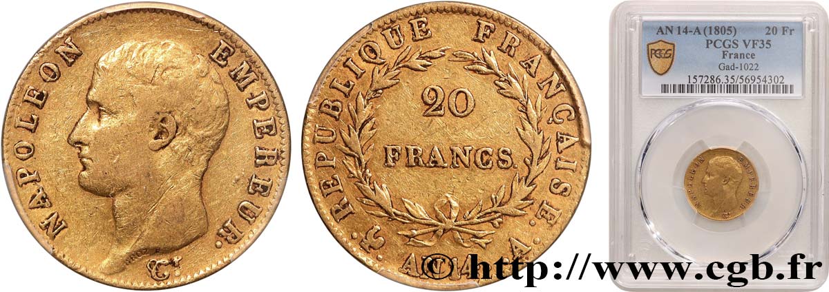 20 francs or Napoléon tête nue, Calendrier révolutionnaire 1805 Paris F.512/5 VF35 PCGS