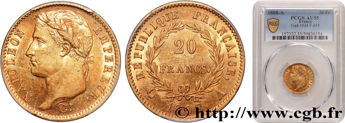 20 francs or Napoléon tête laurée, République française 1808 Paris F.515/2 SUP55 PCGS