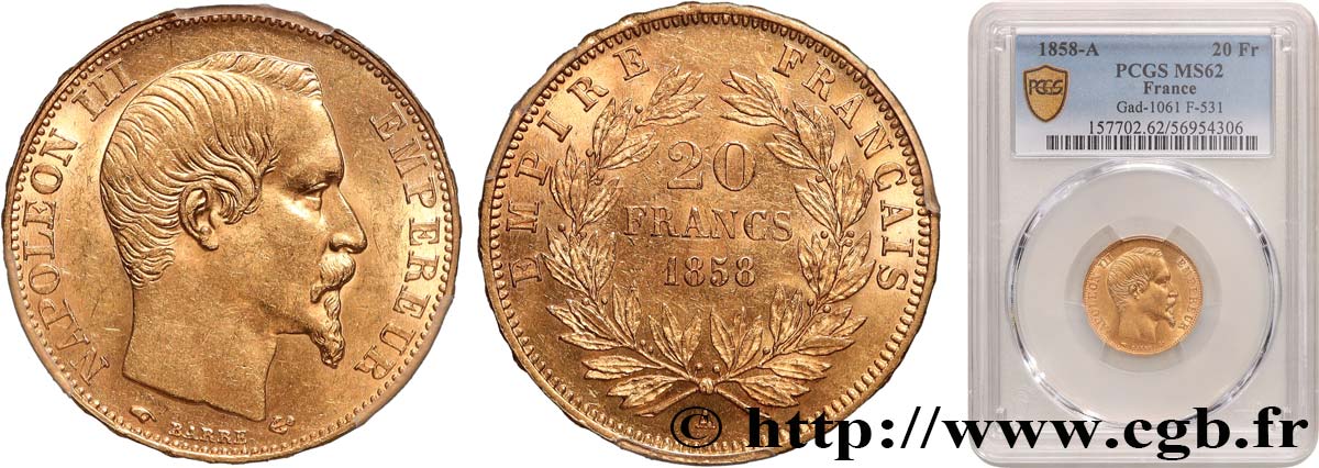 20 francs or Napoléon III, tête nue 1858 Paris F.531/13 SUP62 PCGS
