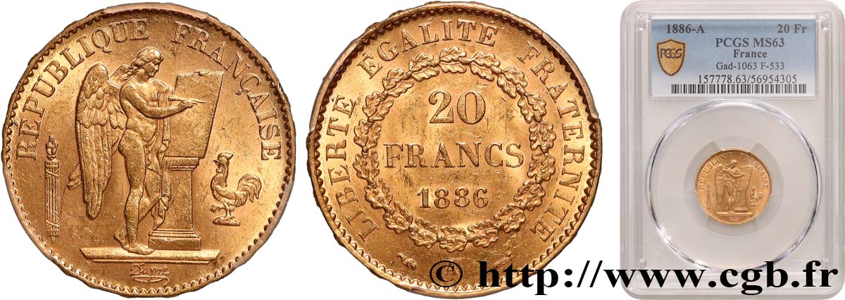 20 francs or Génie, IIIe République 1886 Paris F.533/9 SPL63 PCGS