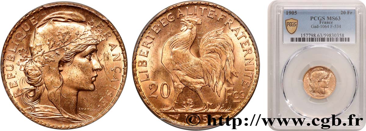 20 francs or Coq, Dieu protège la France 1905 Paris F.534/10 SPL63 PCGS
