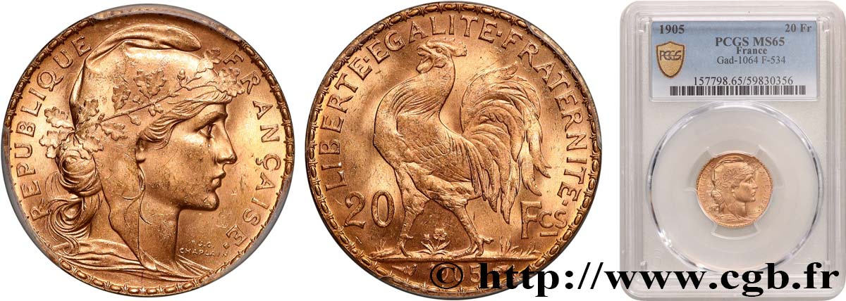 20 francs or Coq, Dieu protège la France 1905 Paris F.534/10 FDC65 PCGS