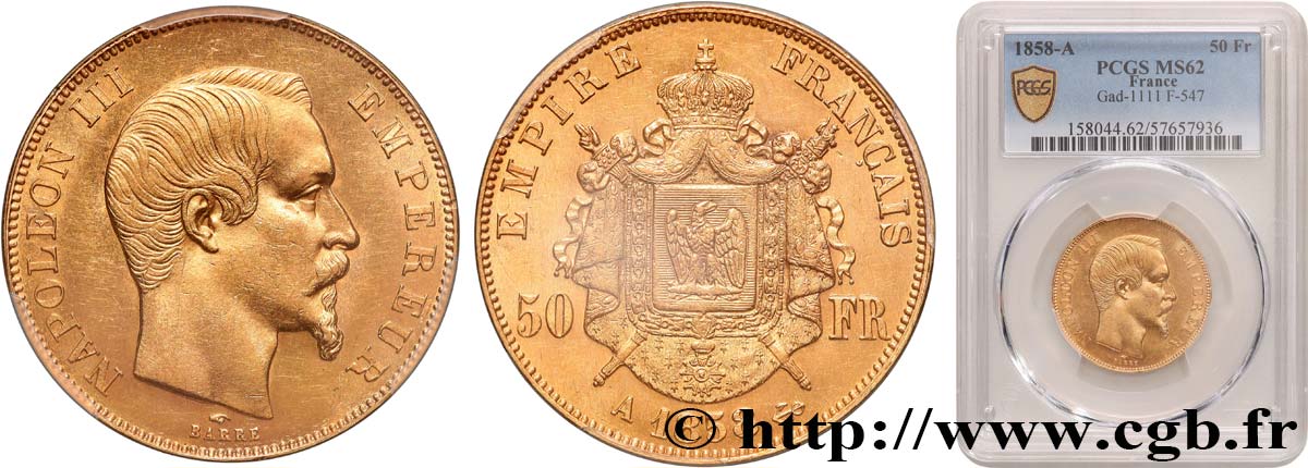 50 francs or Napoléon III, tête nue 1858 Paris F.547/5 SUP62 PCGS