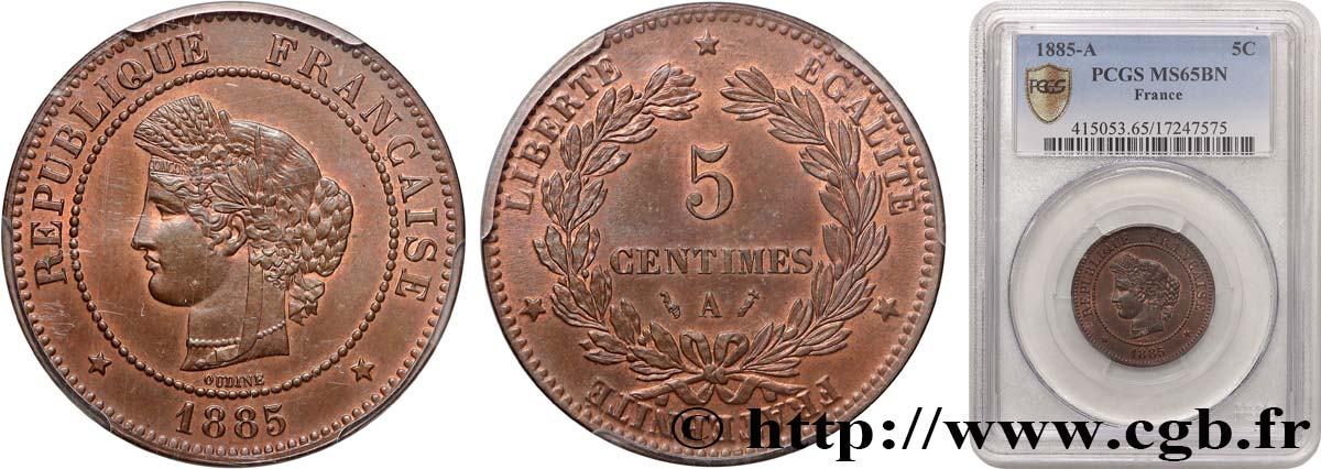 5 centimes Cérès 1885 Paris F.118/27 FDC65 PCGS