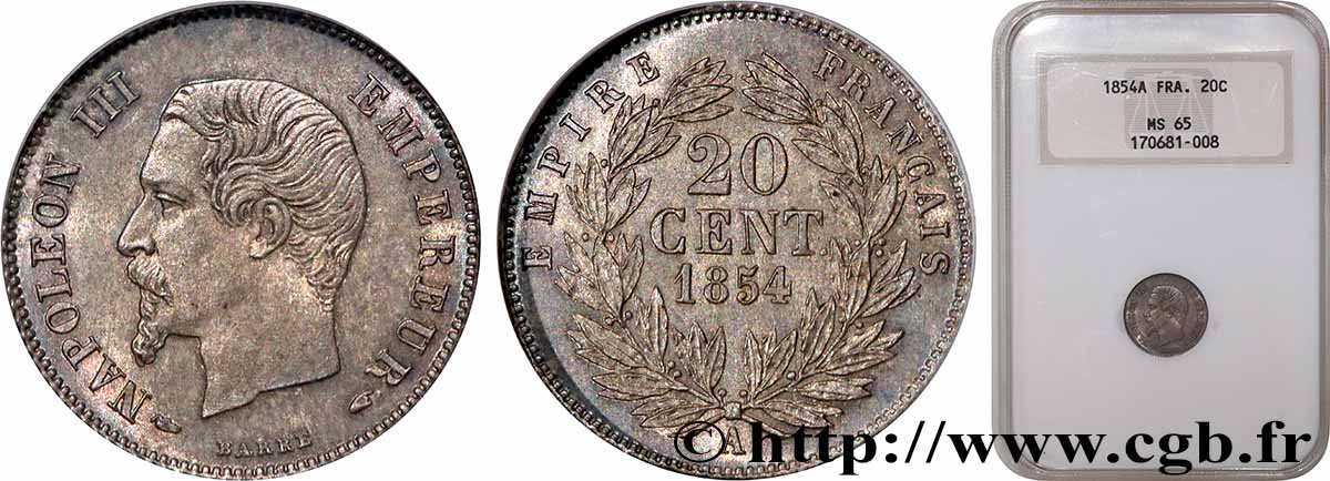 20 centimes Napoléon III, tête nue 1854 Paris F.148/2 FDC65 NGC