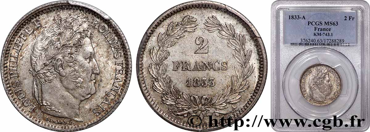 2 francs Louis-Philippe 1833 Paris F.260/17 SPL63 PCGS