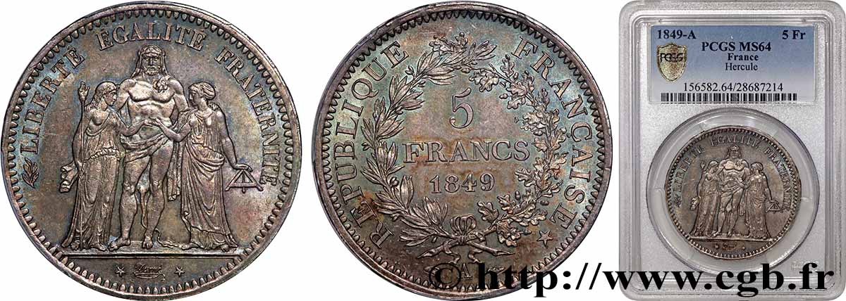 5 francs Hercule, IIe République 1849 Paris F.326/5 SPL64 PCGS