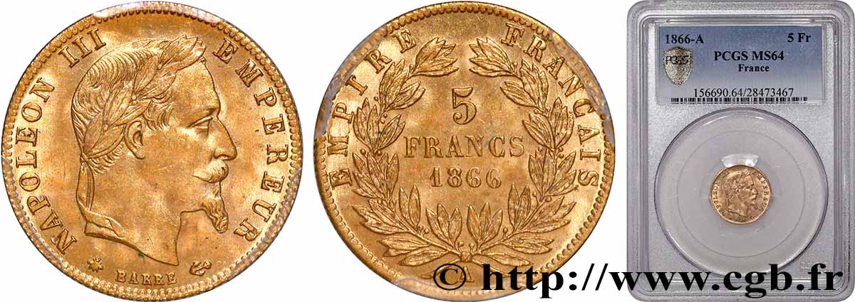 5 francs or Napoléon III, tête laurée 1866 Paris F.502/9 SPL64 PCGS