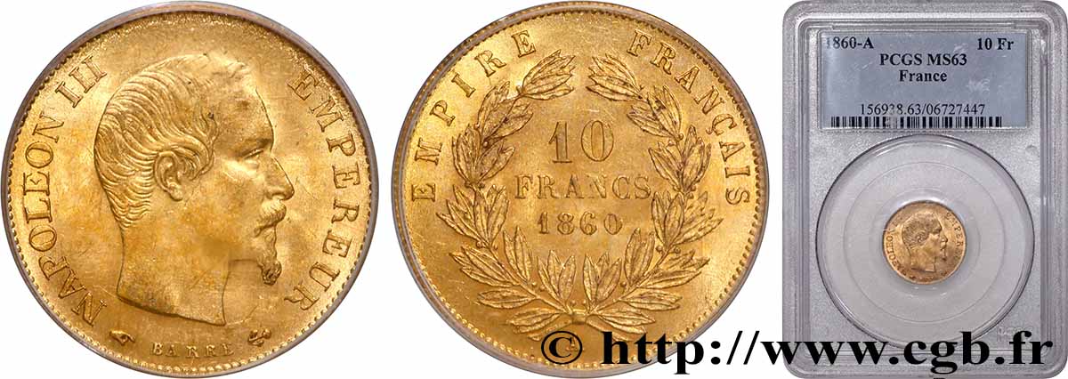 10 francs or Napoléon III, tête nue 1860 Paris F.506/9 SPL63 PCGS