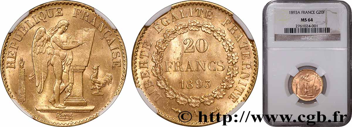 20 francs génie, Troisième république 1893 Paris F.533/17 MS64 NGC