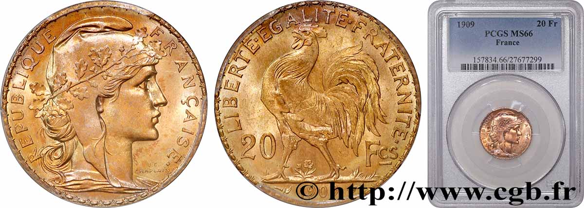 20 francs or Coq, Liberté Égalité Fraternité 1909 Paris F.535/3 FDC66 PCGS