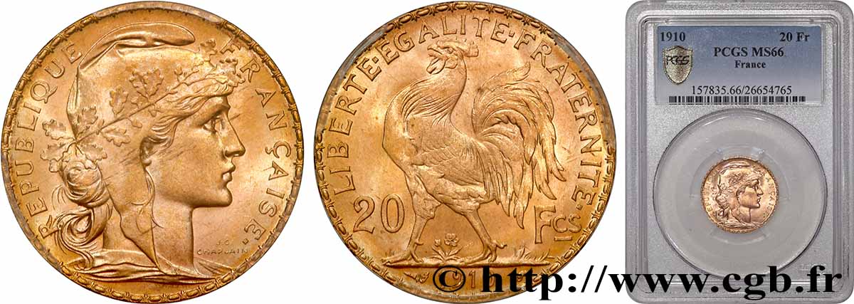 20 francs or Coq, Liberté Égalité Fraternité 1910 Paris F.535/4 FDC66 PCGS