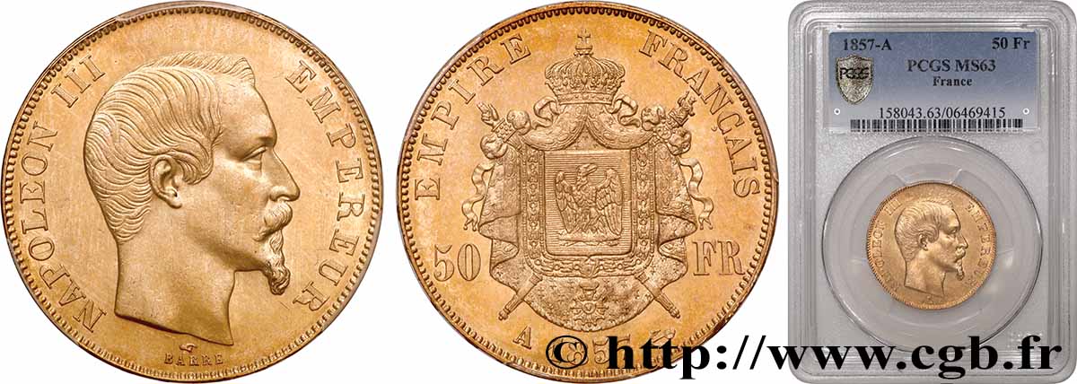 50 francs or Napoléon III, tête nue 1857 Paris F.547/4 SPL63 PCGS