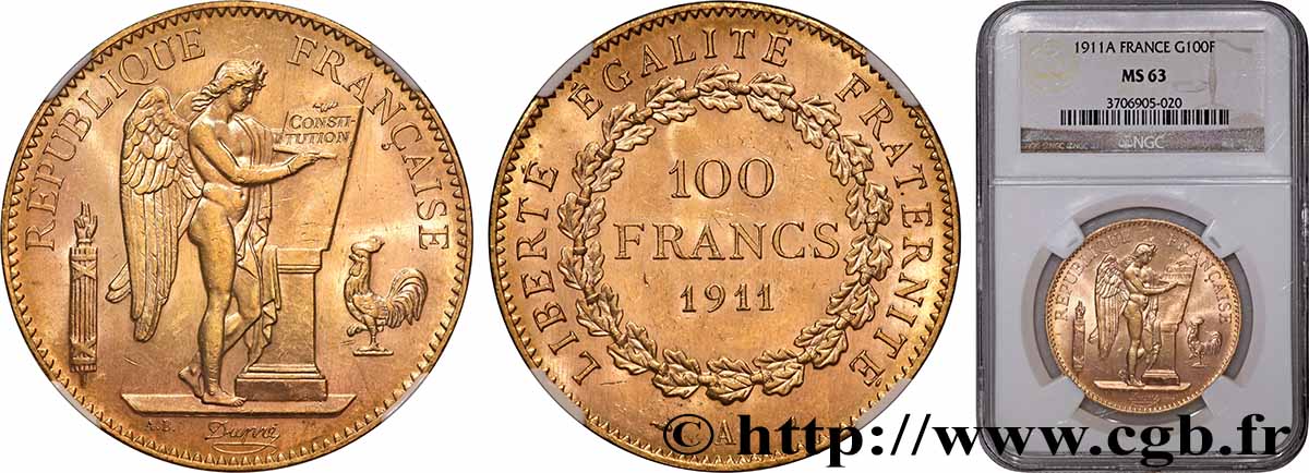 100 francs génie, tranche inscrite en relief liberté égalité fraternité 1911 Paris F.553/5 SPL63 NGC