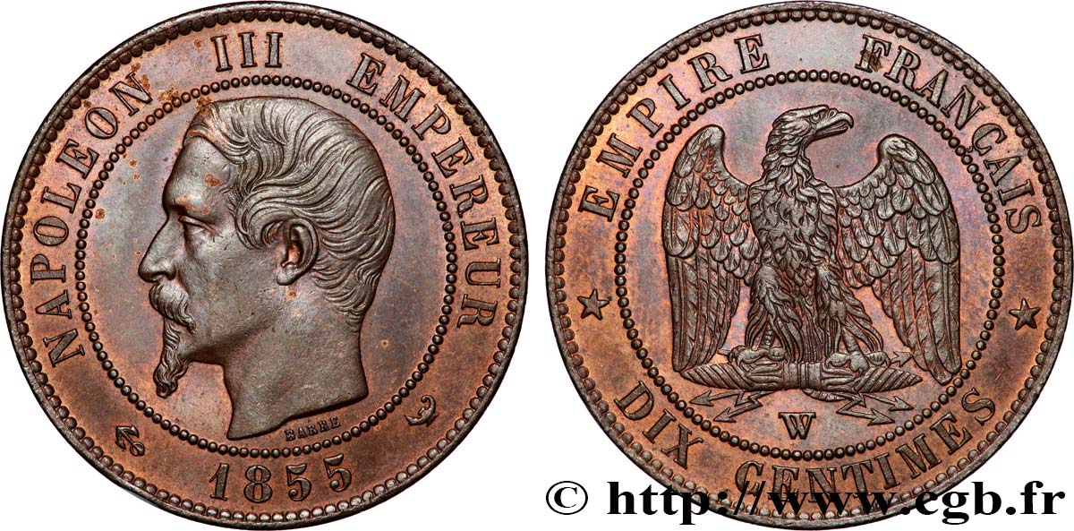 Dix centimes Napoléon III, tête nue 1855 Lille F.133/33 SUP+ 