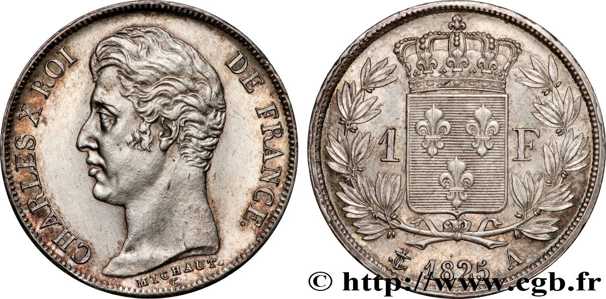 1 franc Charles X, matrice du revers à cinq feuilles 1825 Paris F.207/1 SUP+ 