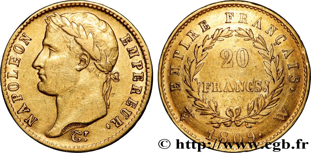 20 francs or Napoléon Ier tête laurée, Empire français 1809 Lille F.516/7 TB+ 
