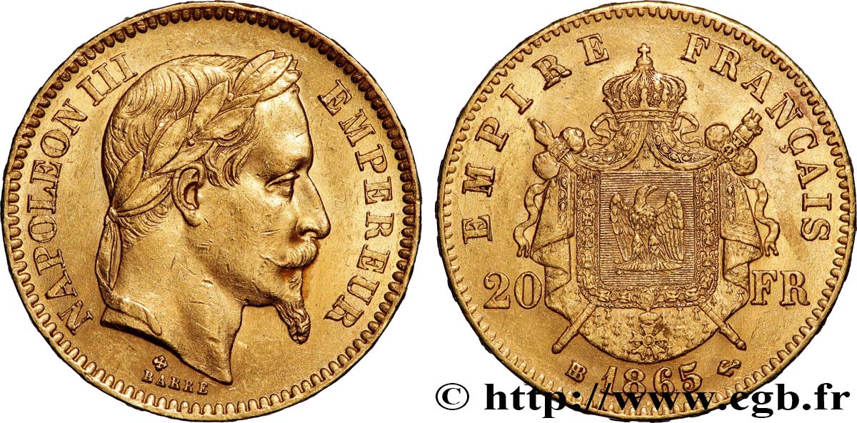 20 francs or Napoléon III, tête laurée 1865 Strasbourg F.532/12 MBC+ 