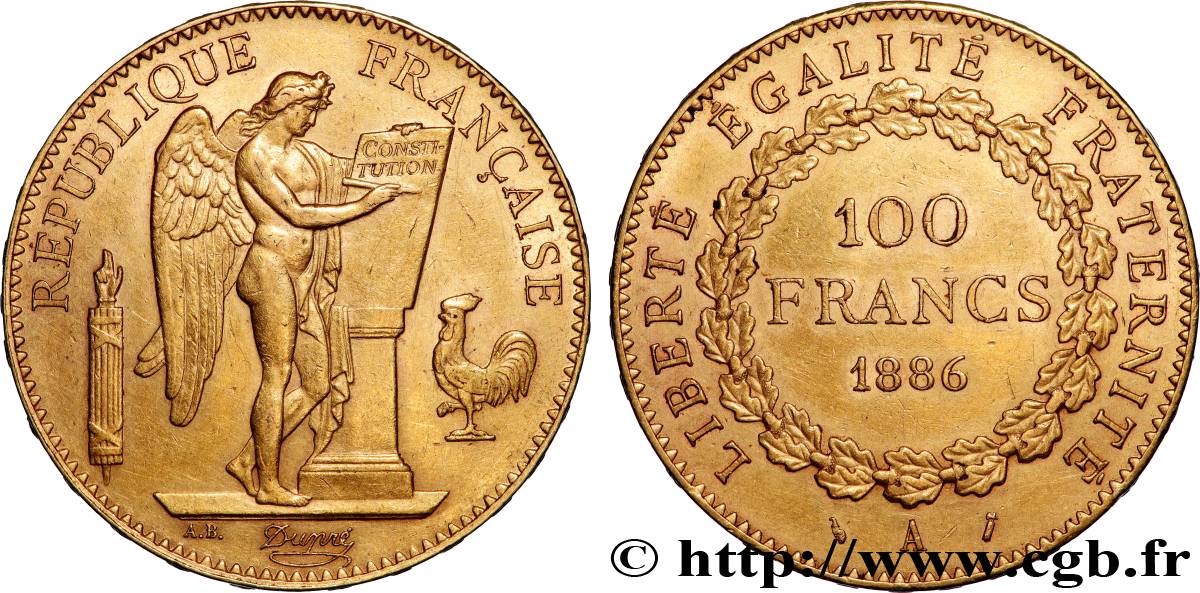 100 francs or Génie, tranche inscrite en relief Dieu protège la France 1886 Paris F.552/7 TTB+ 