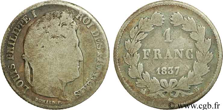 1 franc Louis-Philippe, couronne de chêne 1837 Rouen F.210/56 SGE12 