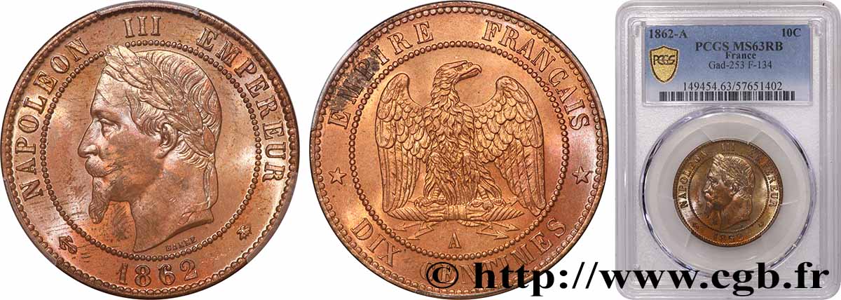 Dix centimes Napoléon III, tête laurée 1862 Paris F.134/7 MS63 PCGS