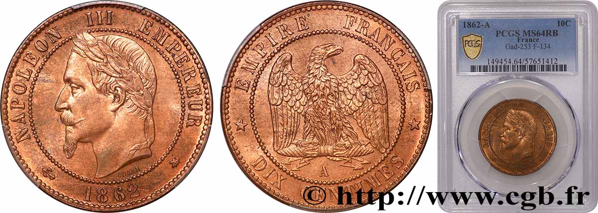Dix centimes Napoléon III, tête laurée 1862 Paris F.134/7 MS64 PCGS