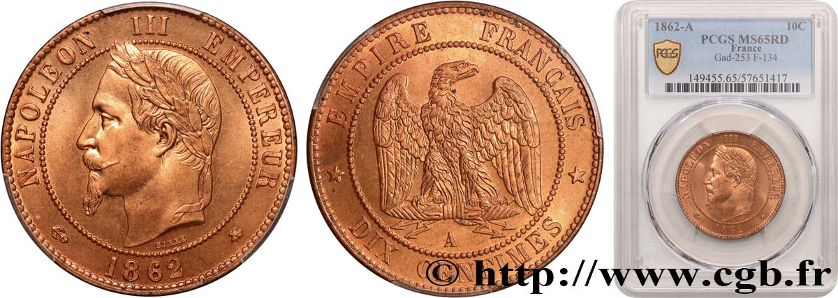 Dix centimes Napoléon III, tête laurée 1862 Paris F.134/7 FDC65 PCGS