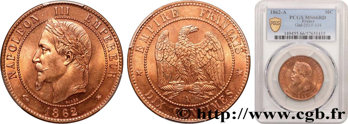Dix centimes Napoléon III, tête laurée 1862 Paris F.134/7 MS66 PCGS