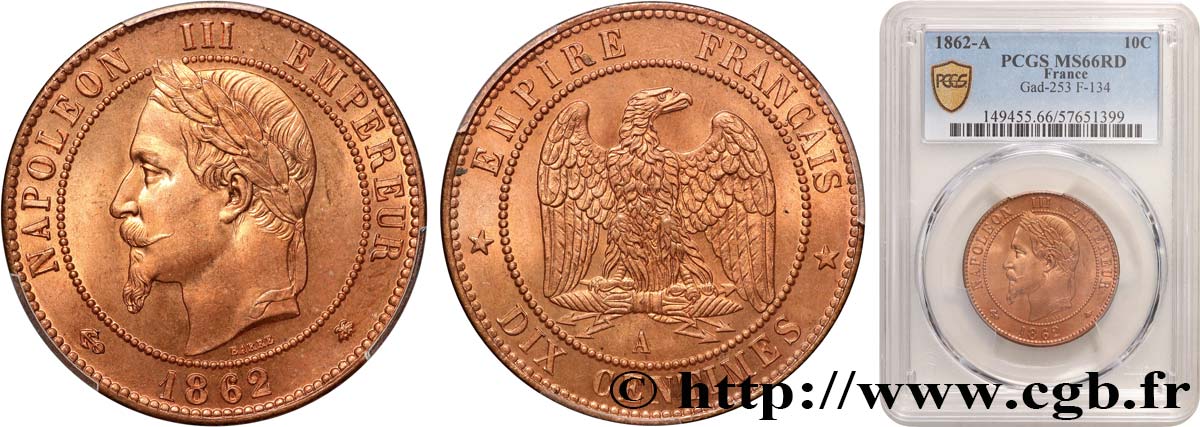 Dix centimes Napoléon III, tête laurée 1862 Paris F.134/7 FDC66 PCGS